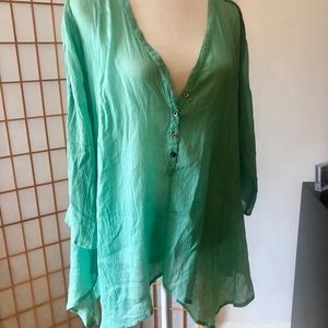 Teal cotton blouse with ribbon embellishments